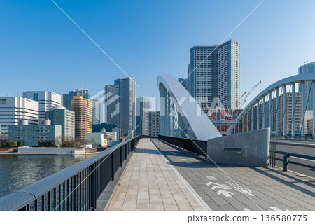 Tsukiji Bridge and the tower apartment complex in the background Tsukiji Bridge and the tower apartment complex in the background 136580775