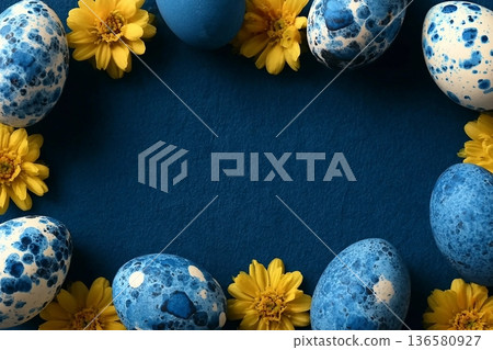 Frame of blue and white Easter eggs and yellow flowers on dark blue background. Top view. Flat lay Frame of blue and white Easter eggs and yellow flowers on dark blue background. Top view. Flat lay 136580927