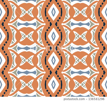 Blue and Orange Mid-Century Geometric Seamless Pattern with Oval and Diamond Motifs 136581296