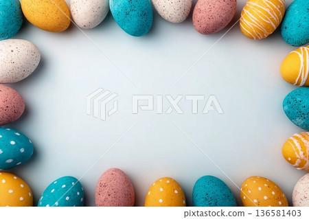 Happy Easter background with easter eggs. Easter background with copy space. Flat lay. High quality photo Happy Easter background with easter eggs. Easter background with copy space. Flat lay. High quality photo 136581403
