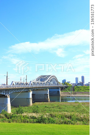 Gifu City, Gifu Prefecture, view of Chuseki Bridge and the skyscrapers in front of Gifu Station 136581773