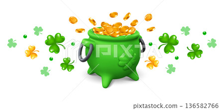 Leprechaun Cauldron With Gold Coins And Shamrock Leaves Leprechaun Cauldron With Gold Coins And Shamrock Leaves 136582766