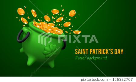 Leprechaun Cauldron Full Of Gold Coins And With Lucky Shamrock Leaf On It Side 136582767