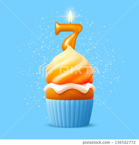 Seven Year Birthday Cupcake with Number 7 Candle Seven Year Birthday Cupcake with Number 7 Candle 136582772