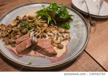 Grilled pork with mushroom cream sauce Grilled pork with mushroom cream sauce 136582785