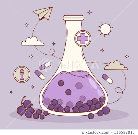 Blackcurrant Purple Extract in Lab Flask. Science Concept for Vitamin C. Natural Medicine and Pharmacy. Vector Illustration Blackcurrant Purple Extract in Lab Flask. Science Concept for Vitamin C. Natural Medicine and Pharmacy. Vector Illustration 136582813