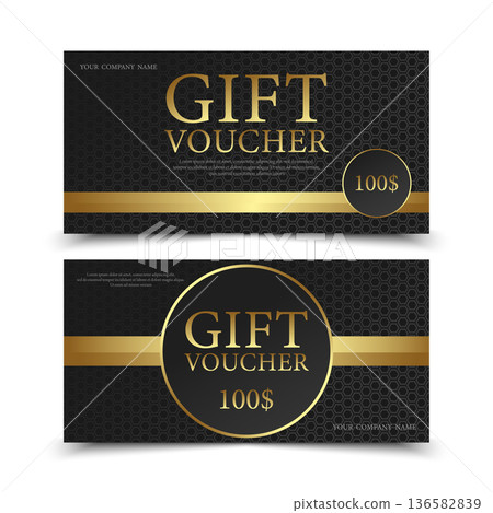 Golden and black gift voucher coupon template. Design with black hexagonal pattern and golden ribbons on it. Vector illustration 136582839