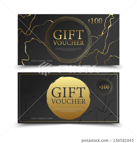 Gift voucher design with golden and black kintsugi cracks. Golden and black gift voucher coupon template. Vector illustration 136582843
