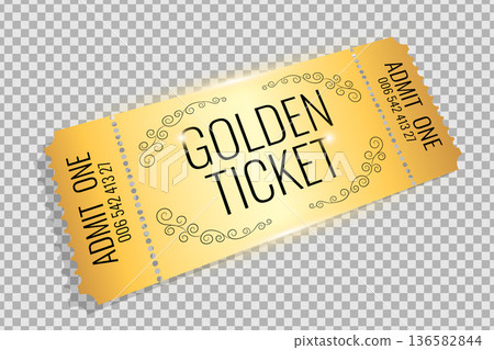 Golden ticket design on checkered background. Festival, premiere events, luxury and VIP invitation concept. Vector illustration 136582844