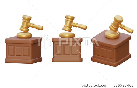 3D rendered judge gavel and wooden podium set isolated 136583463