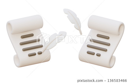 3D rendered ancient paper scroll and white quill pen set isolated 136583466