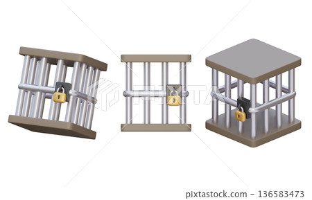 3D rendered set of prison cell bars with padlock isolated 136583473