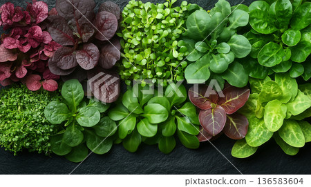 Fresh microgreens and salad leaves variety. Concept of healthy eating and organic produce 136583604