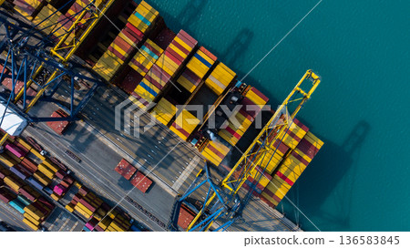 Aerial view Container cargo ship loading unloading container import export sea port, Global trade business container cargo ship freight shipping commercial trade logistic transportation international. Aerial view Container cargo ship loading unloading container import export sea port, Global trade business container cargo ship freight shipping commercial trade logistic transportation international. 136583845