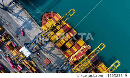 Aerial view Container cargo ship loading unloading container import export sea port, Global trade business container cargo ship freight shipping commercial trade logistic transportation international. Aerial view Container cargo ship loading unloading container import export sea port, Global trade business container cargo ship freight shipping commercial trade logistic transportation international. 136583849