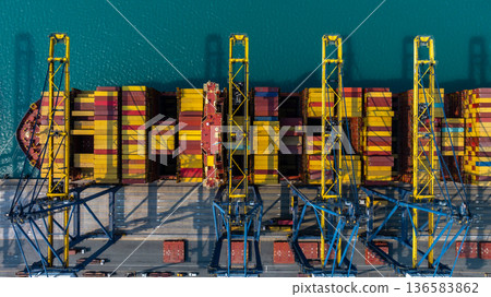 Aerial view Container cargo ship loading unloading container import export sea port, Global trade business container cargo ship freight shipping commercial trade logistic transportation international. 136583862