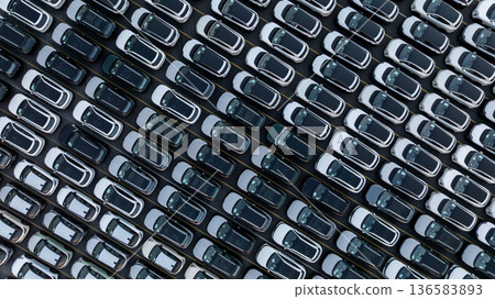 Aerial view car for sale stock lot row, Cars dealership inventory distribution automobile and automotive business, New cars parking for sale automobile automotive industry business. Aerial view car for sale stock lot row, Cars dealership inventory distribution automobile and automotive business, New cars parking for sale automobile automotive industry business. 136583893