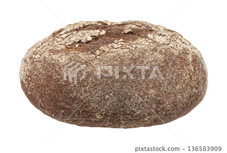 Rustic rye bread loaf isolated on white background with crisp baked crust texture, full depth of field Rustic rye bread loaf isolated on white background with crisp baked crust texture, full depth of field 136583909