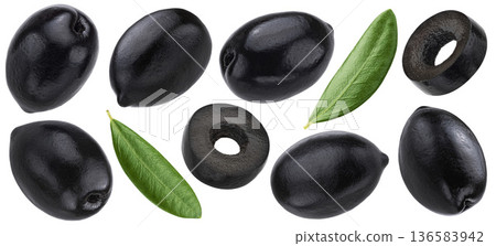 Black olives whole and sliced isolated on white background with clipping path Black olives whole and sliced isolated on white background with clipping path 136583942
