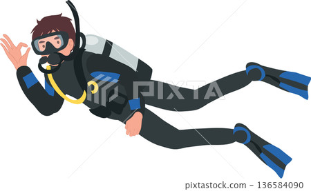 Young male scuba diver giving ok hand signal while swimming underwater in the ocean. 136584090