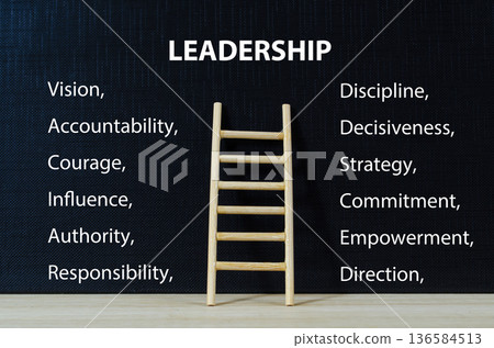 Leadership qualities text on black cover with wooden ladder highlighting vision, integrity, and influence within an organization. 136584513