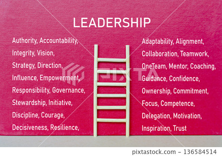 Leadership qualities text on red cover with wooden ladder highlighting vision, integrity, and influence within an organization. 136584514