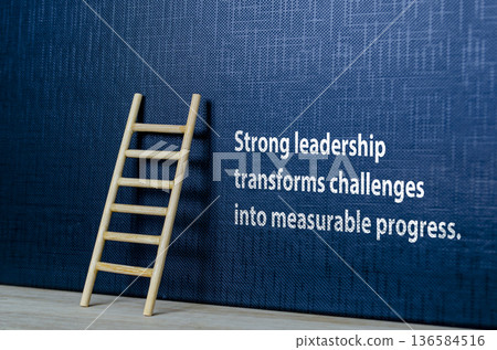 Strong LEADERSHIP begins transforms challenges into measurable progress text on black cover background. Strong LEADERSHIP begins transforms challenges into measurable progress text on black cover background. 136584516