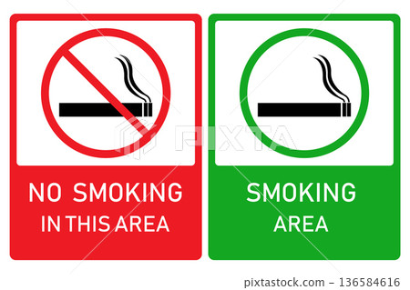 No Smoking and Smoking Area Signs Indicating Designated Smoking and No Smoking Zones. 136584616