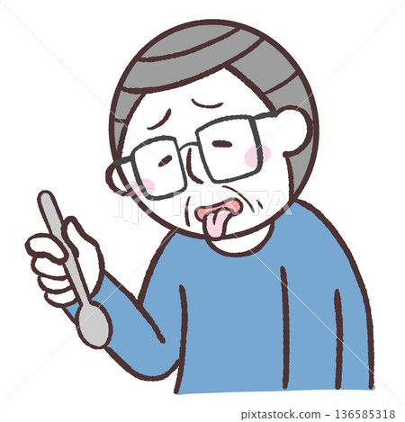 圖解:一位老年男子手持勺子,伸出舌頭 圖解:一位老年男子手持勺子,伸出舌頭 136585318