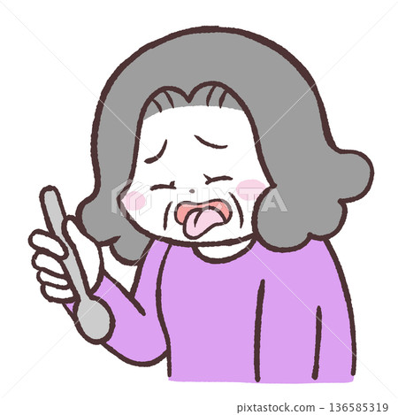 插圖:一位老婦人拿著勺子,伸出舌頭 插圖:一位老婦人拿著勺子,伸出舌頭 136585319