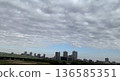 The light blue sky between the clouds and the buildings beyond 136585351
