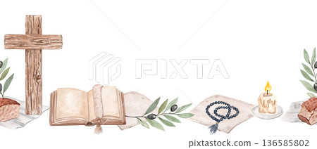 Wooden cross, open book, rosary, burning candle, olive branch, bread, linen napkin on white background, seamless watercolor religious border, ideal for Lent, church communications, devotional designs 136585802