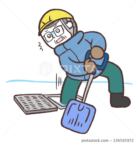 Illustration of a man shoveling snow with his foot in a gutter Illustration of a man shoveling snow with his foot in a gutter 136585972