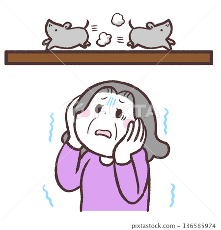 Illustration of a senior woman afraid of vermin Illustration of a senior woman afraid of vermin 136585974