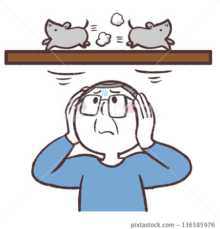 Illustration of a senior man afraid of vermin Illustration of a senior man afraid of vermin 136585976