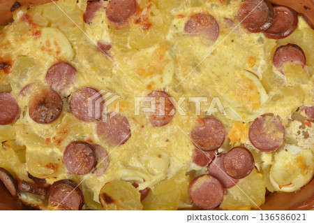 Baked Potato Casserole with Sausage Slices 136586021