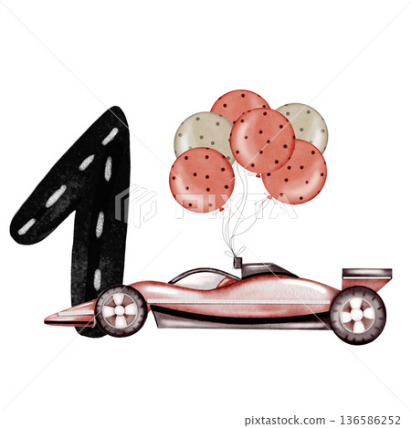 A watercolor racing car with a number card composition. Hand-drawn car template on a white background. Perfect for a racing-themed child's birthday party. A watercolor racing car with a number card composition. Hand-drawn car template on a white background. Perfect for a racing-themed child's birthday party. 136586252