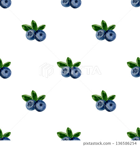 Blueberry watercolor seamless pattern. Hand-drawn blue berry on a white background. Botanical clip art. Perfect for food blog designs, organic store menus, and packaging for products and cosmetics. 136586254