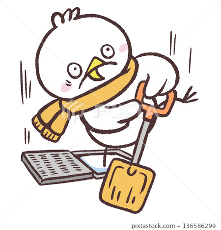 一隻正在鏟雪的白鳥將爪子伸進排水溝的插圖 136586299