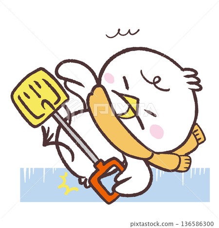Illustration of a snow-shoveling white bird sliding on frozen ground 136586300