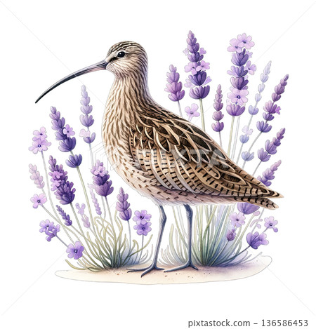 Bird with flower, lavender, nature, wildlife, detailed illustration 136586453