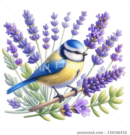 Blue tit bird perched on lavender flowers with vibrant colors 136586458