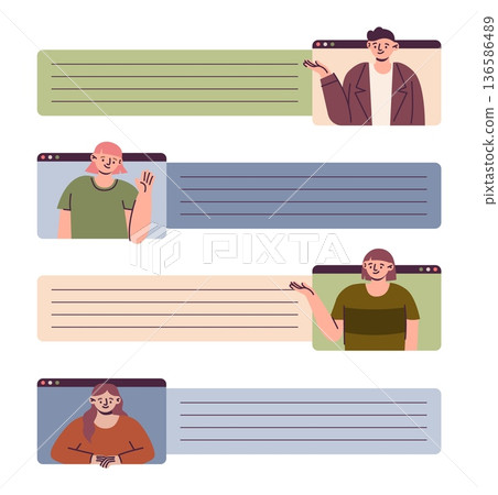 People calling. Message frames. Persons chatting. Friends communication. Man and woman avatar portraits. Computer online messenger for conversation. Digital technology. Vector concept 136586489