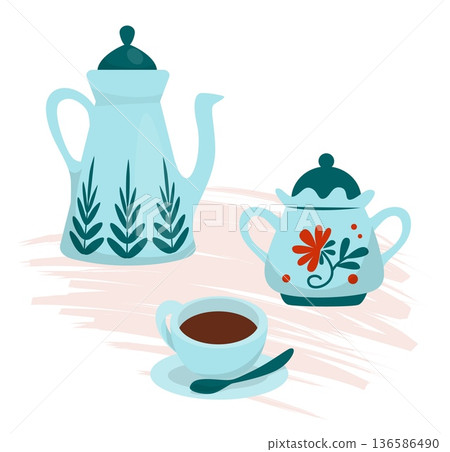 Ceramic tea set with pot, sugar bowl, cup. Porcelain in pastel tones with floral motifs, cozy hot beverage service and elegant tableware design. Vector cartoon isolated utensil illustration 136586490