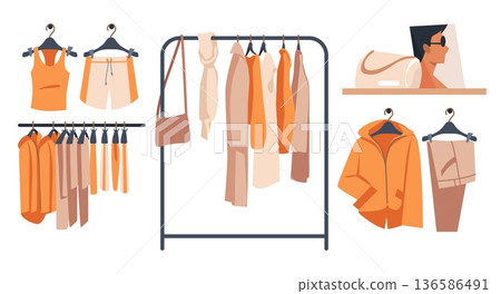 Market sale. Shop hangers. Fashionable clothing. Garment garage selling. Flea bazaar. Secondhand trousers and skirts. Accessories shelf. Shopping racks. Vector store isolated elements set 136586491