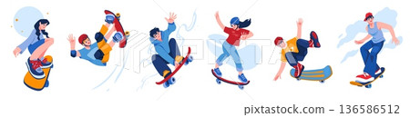 Skateboard kid. Skate boy, girl child. Skater in urban sport board park, jump, flips, and slides children characters. Cool youth people trick, street culture. Vector cartoon illustration 136586512