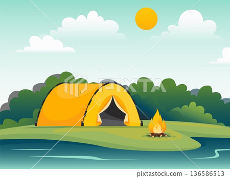 Tent near lake or river. Campfire on green meadow, outdoor recreation and relax, weekend travel and nature escape. Tourism in forest. Adventures vacation. Vector cartoon flat illustration 136586513