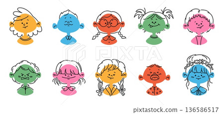 Child face. Simple children characters. Happy kids head with line hair. Emotion and feeling expression. Cute school concept. Colorful diversity persons. Vector illustration portraits set 136586517