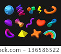 Abstract 3D elements. Y2k music shape, fun arrow flower and heart from glossy graphic plastic rainbow and spiral. Dynamic shapes geometry. Doodle inflated set. Vector isolated objects 136586522