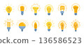 Light bulb. Innovation icon, lightbulb lamp energy or idea invention logo. Trendy glass technology concept, electrical illumination, creativity glow sign, vector isolated illustration 136586523